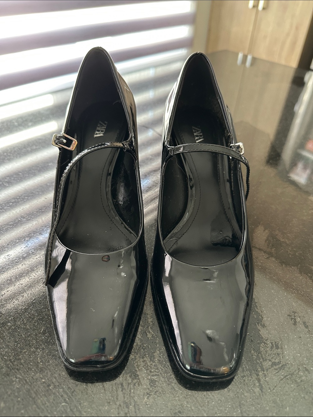 Zara Black Patent Square-Toe Mary Jane Heels